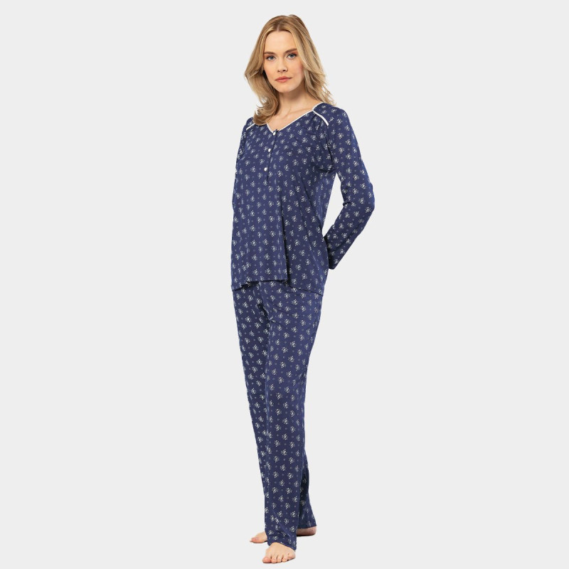 Türen Çiçek Desenli Uzun Kollu Patli Pijama Takimi 3382/Lacivert