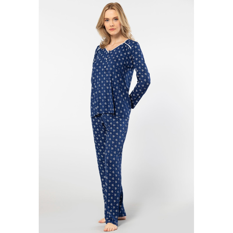 Türen Çiçek Desenli Uzun Kollu Patli Pijama Takimi 3382/Lacivert