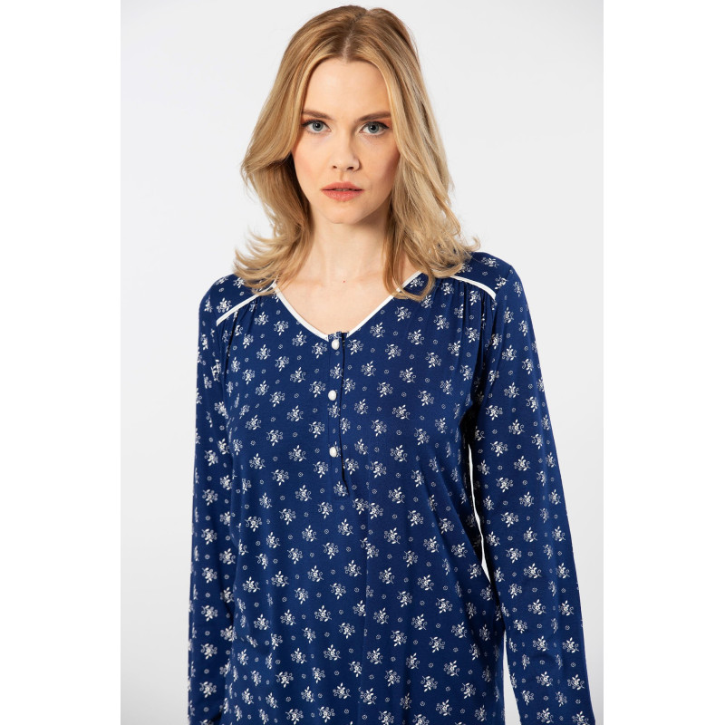 Türen Çiçek Desenli Uzun Kollu Patli Pijama Takimi 3382/Lacivert