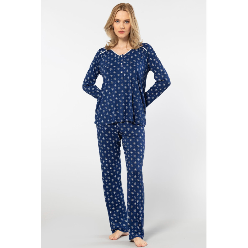 Türen Çiçek Desenli Uzun Kollu Patli Pijama Takimi 3382/Lacivert