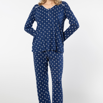 Türen Çiçek Desenli Uzun Kollu Patli Pijama Takimi 3382/Lacivert