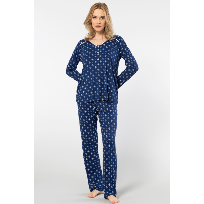 Türen Çiçek Desenli Uzun Kollu Patli Pijama Takimi 3382/Lacivert
