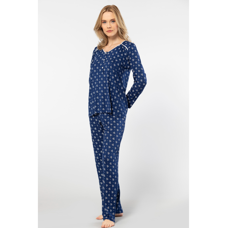 Türen Çiçek Desenli Uzun Kollu Patli Pijama Takimi 3382/Lacivert