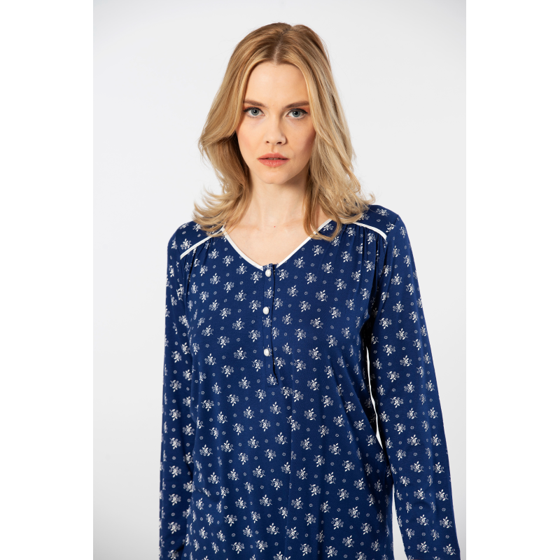 Türen Çiçek Desenli Uzun Kollu Patli Pijama Takimi 3382/Lacivert