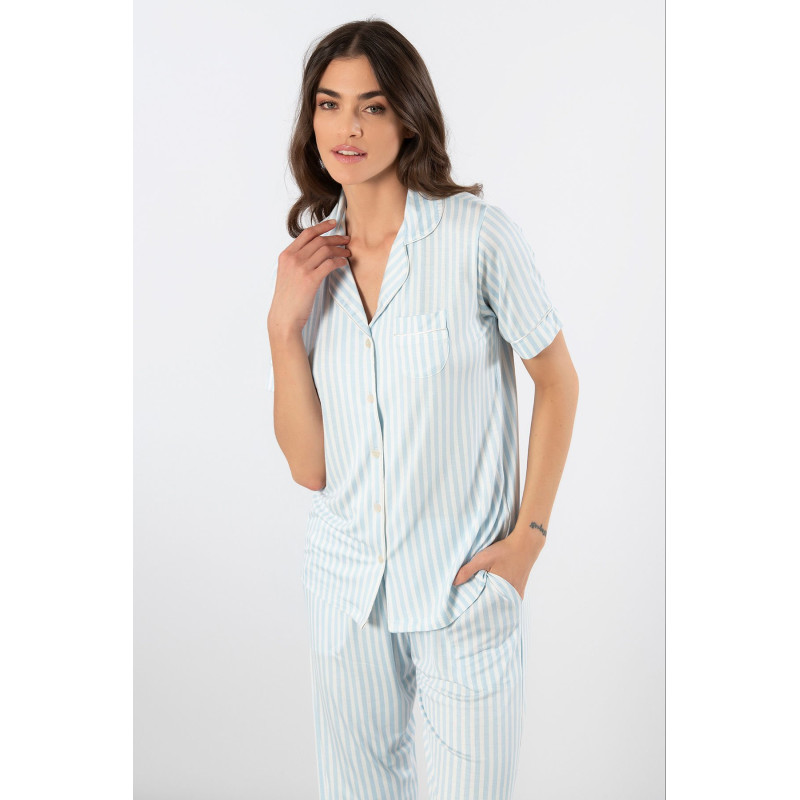 Türen Çizgili Kisa Kollu Gömlek Yaka Pijama Takimi 3355/Mavi Türen Çizgili Kisa Kollu Gömlek Yaka Pijama Takimi 3355/Mavi