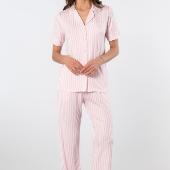 Türen Çizgili Kisa Kollu Gömlek Yaka Pijama Takimi 3355/Pembe