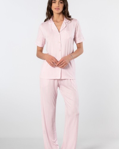 Türen Çizgili Kisa Kollu Gömlek Yaka Pijama Takimi 3355/Pembe