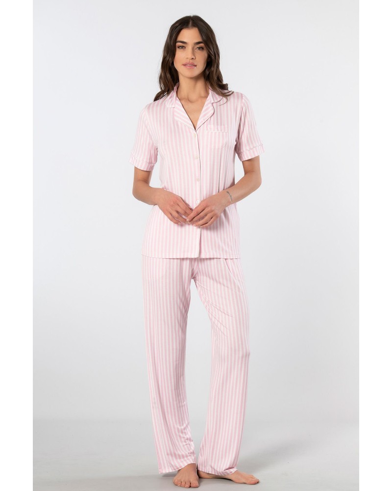 Türen Çizgili Kisa Kollu Gömlek Yaka Pijama Takimi 3355/Pembe Türen Çizgili Kisa Kollu Gömlek Yaka Pijama Takimi 3355/Pembe