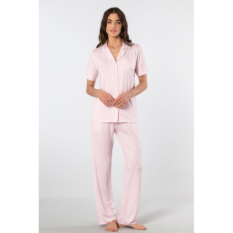 Türen Çizgili Kisa Kollu Gömlek Yaka Pijama Takimi 3355/Pembe Türen Çizgili Kisa Kollu Gömlek Yaka Pijama Takimi 3355/Pembe