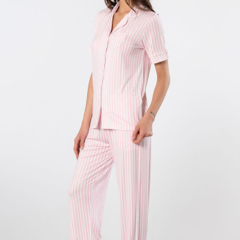 Türen Çizgili Kisa Kollu Gömlek Yaka Pijama Takimi 3355/Pembe Türen Çizgili Kisa Kollu Gömlek Yaka Pijama Takimi 3355/Pembe