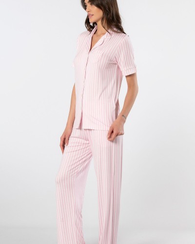 Türen Çizgili Kisa Kollu Gömlek Yaka Pijama Takimi 3355/Pembe Türen Çizgili Kisa Kollu Gömlek Yaka Pijama Takimi 3355/Pembe