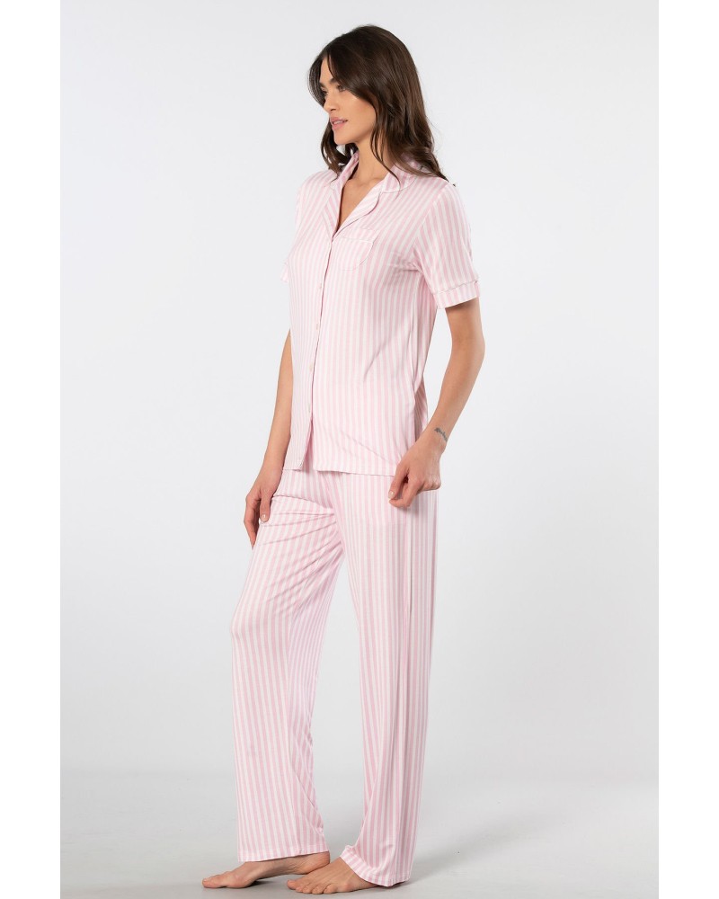 Türen Çizgili Kisa Kollu Gömlek Yaka Pijama Takimi 3355/Pembe Türen Çizgili Kisa Kollu Gömlek Yaka Pijama Takimi 3355/Pembe
