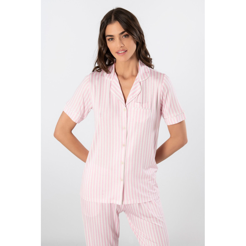 Türen Çizgili Kisa Kollu Gömlek Yaka Pijama Takimi 3355/Pembe Türen Çizgili Kisa Kollu Gömlek Yaka Pijama Takimi 3355/Pembe