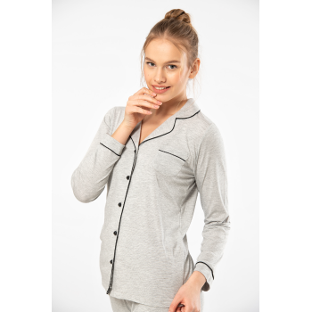 Kadin Düz Uzun Kollu Gömlek Yaka Pijama Takimi 3365/Gri