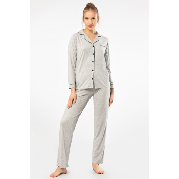 Kadin Düz Uzun Kollu Gömlek Yaka Pijama Takimi 3365/Gri