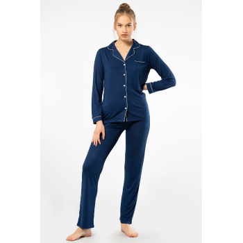 Kadin Düz Uzun Kollu Gömlek Yaka Pijama Takimi 3365/Lacivert