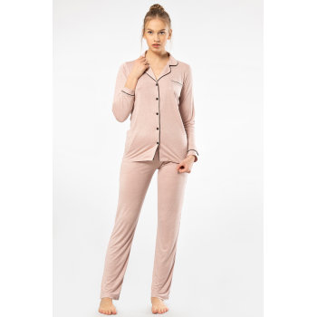 Kadin Düz Uzun Kollu Gömlek Yaka Pijama Takimi 3365/Pudra
