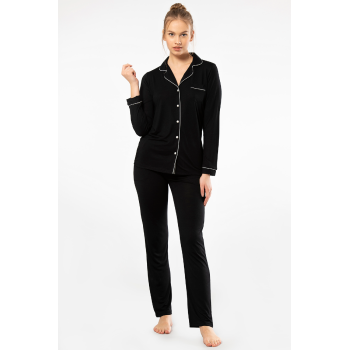 Kadin Düz Uzun Kollu Gömlek Yaka Pijama Takimi 3365/Siyah
