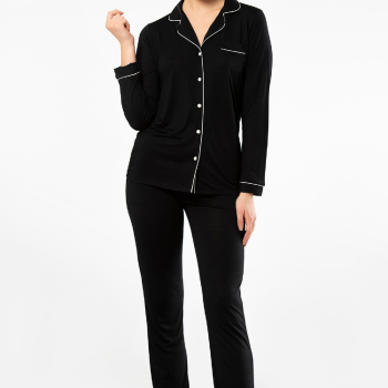 Kadin Düz Uzun Kollu Gömlek Yaka Pijama Takimi 3365/Siyah