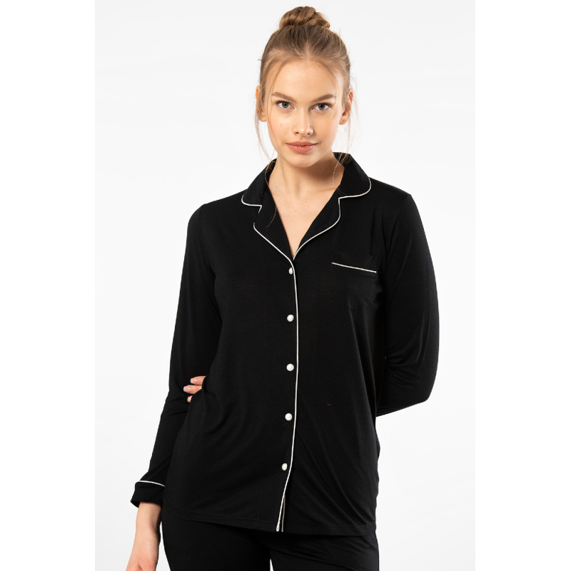 Kadin Düz Uzun Kollu Gömlek Yaka Pijama Takimi 3365/Siyah Kadin Düz Uzun Kollu Gömlek Yaka Pijama Takimi 3365/Siyah