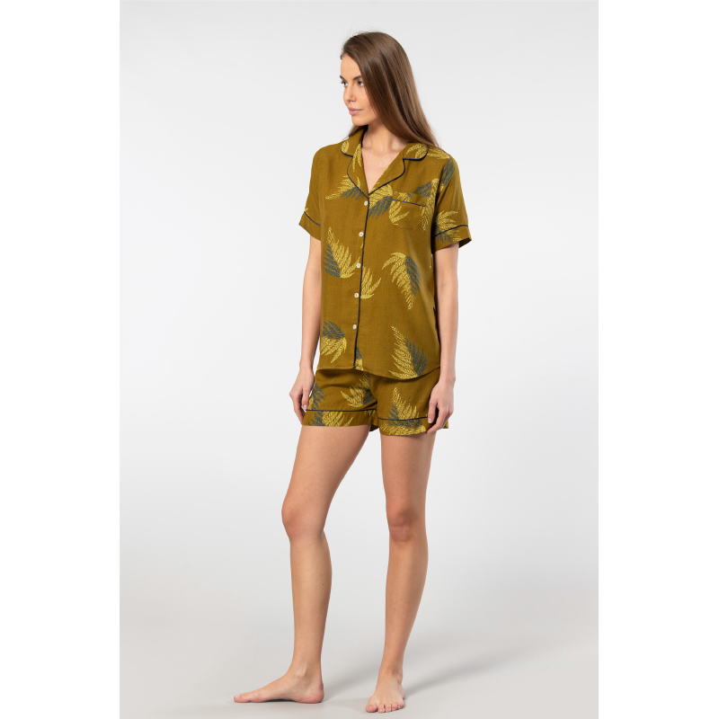 Türen Kadin Desenli Dokuma Sort Pijama Takimi 3605/Haki