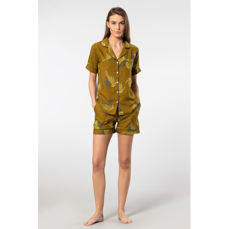 Türen Kadin Desenli Dokuma Sort Pijama Takimi 3605/Haki