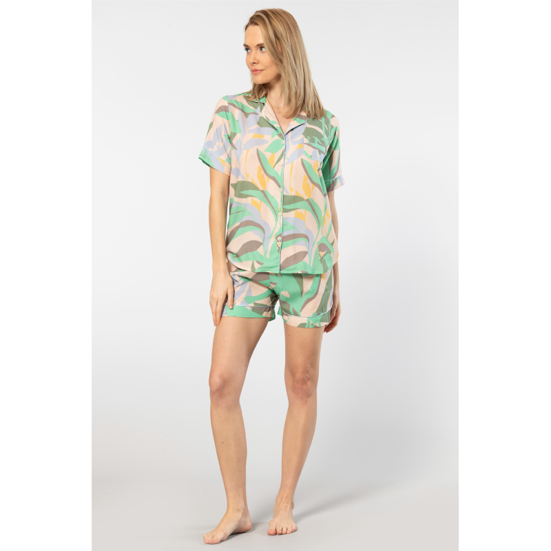 Türen Kadin Desenli Dokuma Sort Pijama Takimi 3605/Yeşil