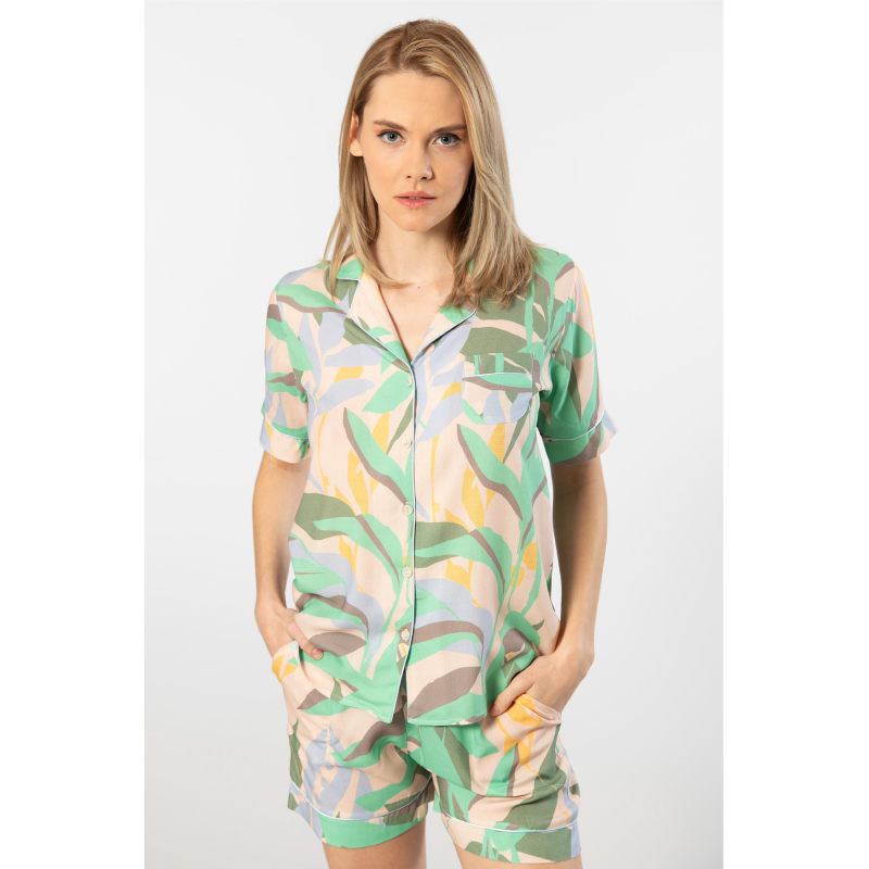 Türen Kadin Desenli Dokuma Sort Pijama Takimi 3605/Yeşil