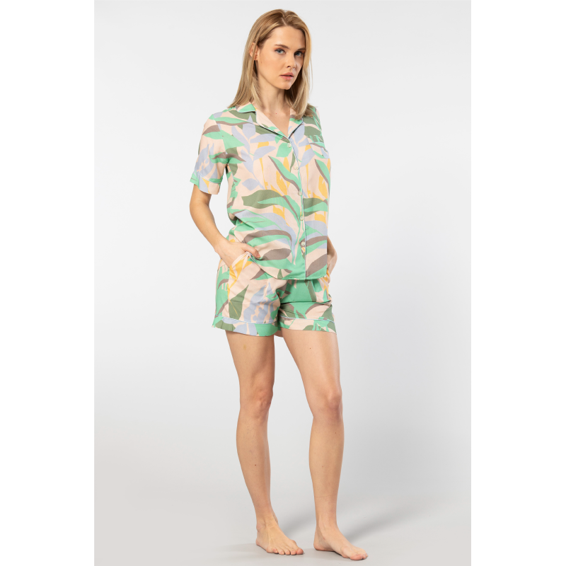 Türen Kadin Desenli Dokuma Sort Pijama Takimi 3605/Yeşil