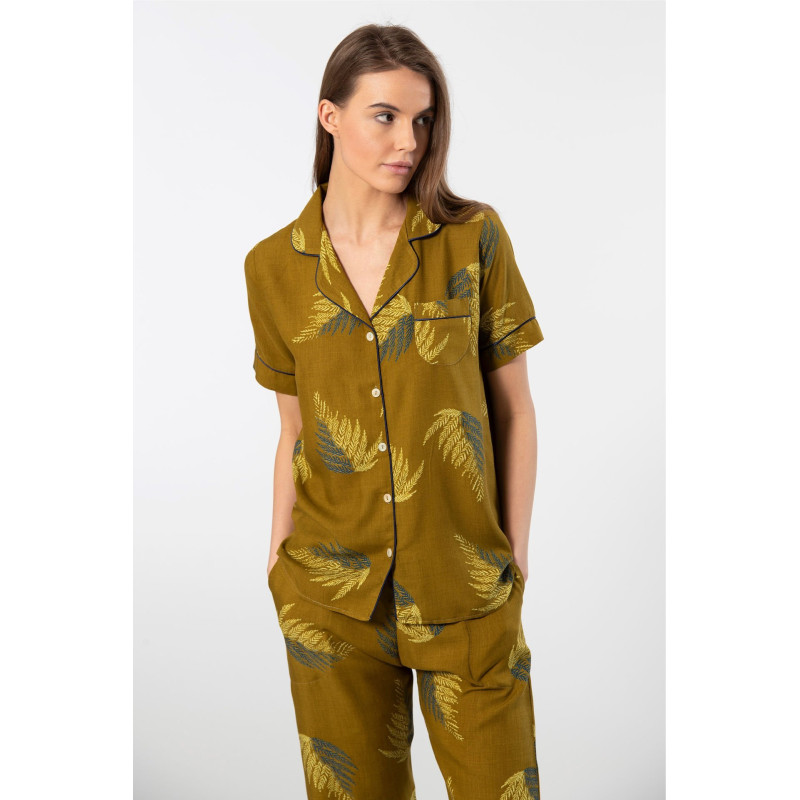 Türen Kadin Desenli Kisa Kol Dokuma Pijama Takimi 3604/Haki