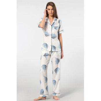 Türen Kadin Desenli Kisa Kol Dokuma Pijama Takimi 3604/Ekru