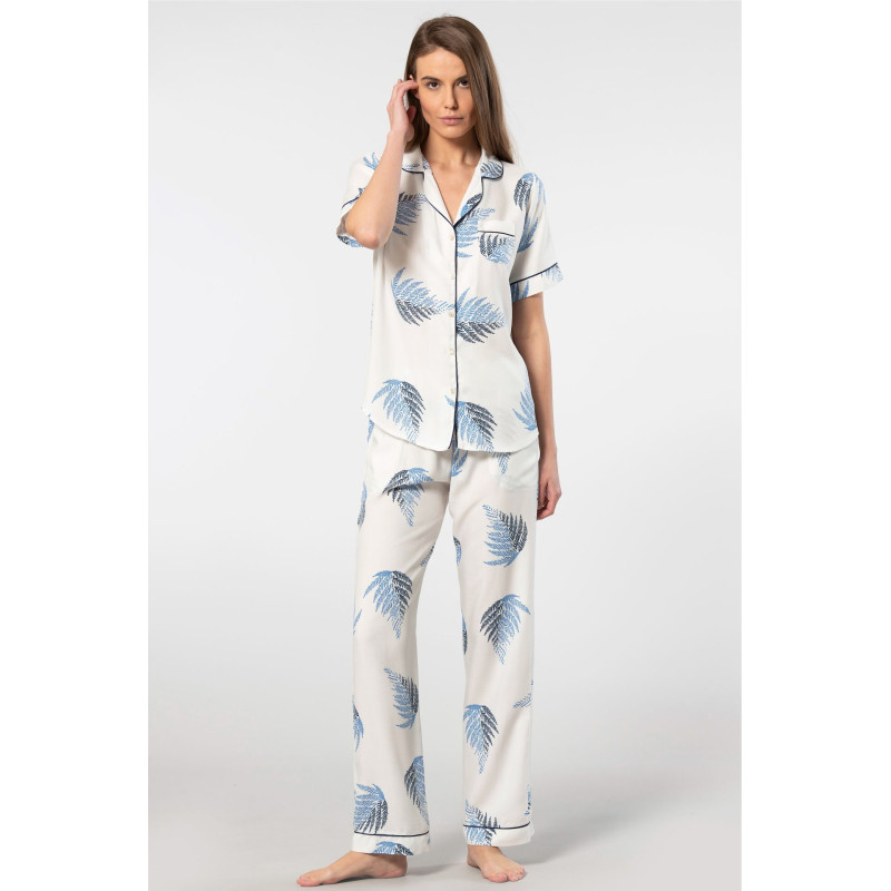 Türen Kadin Desenli Kisa Kol Dokuma Pijama Takimi 3604/Ekru