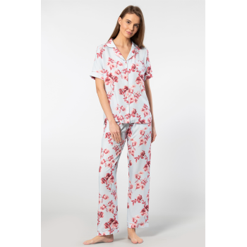 Türen Kadin Desenli Kisa Kol Dokuma Pijama Takimi 3604/Mavi