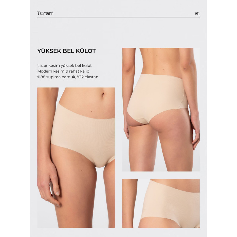 Türen Kadin Lazer Kesim Pamuklu Yüksek Bel Külot 911/Ten
