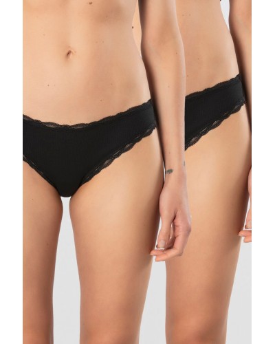 Türen Kadin Likrali Ribana Dantelli Bikini Külot 2'li Paket 928/Siyah