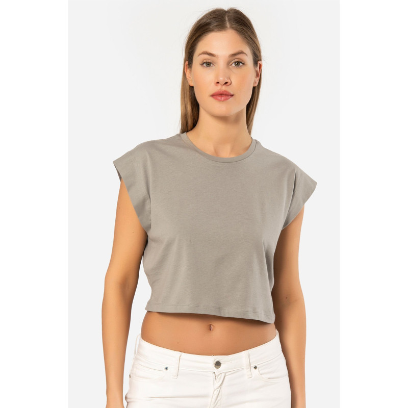Türen Kadin Vatka Görünümlü Crop T-shirt 3402/Gri