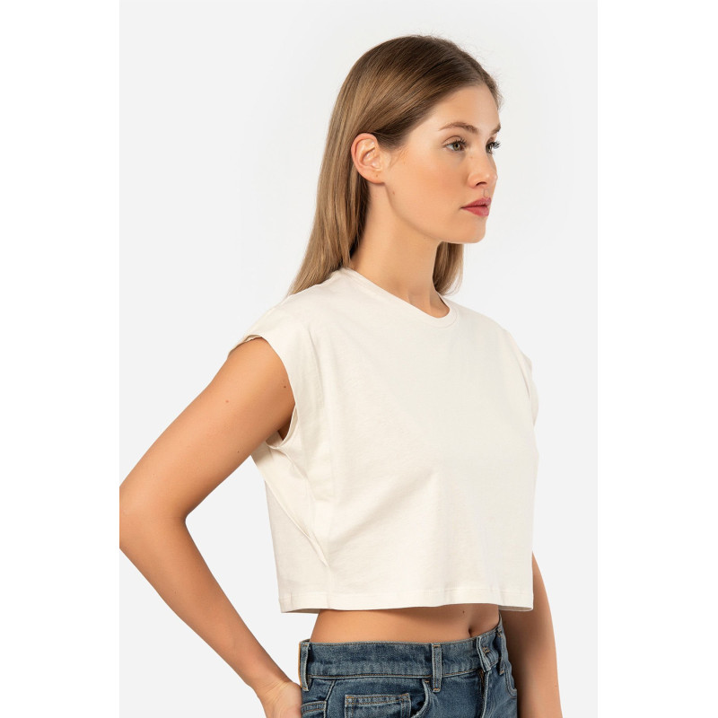 Türen Kadin Vatka Görünümlü Crop T-shirt 3402/Krem