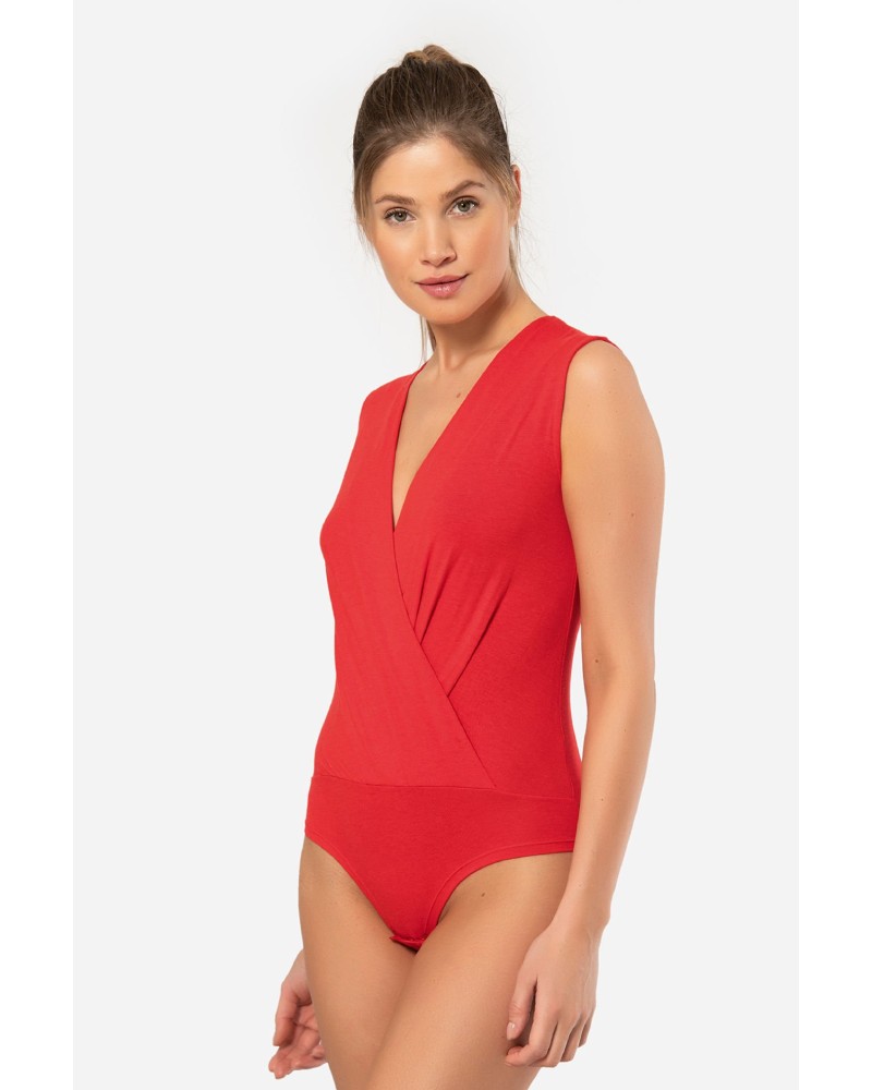 Türen Kruvaze Yaka Kolsuz Çitçitli Body 3502/Kırmızı