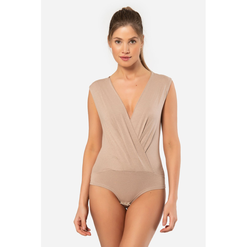 Türen Kruvaze Yaka Kolsuz Çitçitli Body 3502/Vizon Türen Kruvaze Yaka Kolsuz Çitçitli Body 3502/Vizon