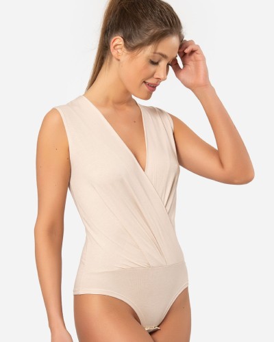Türen Kruvaze Yaka Kolsuz Çitçitli Body 3502/Bej