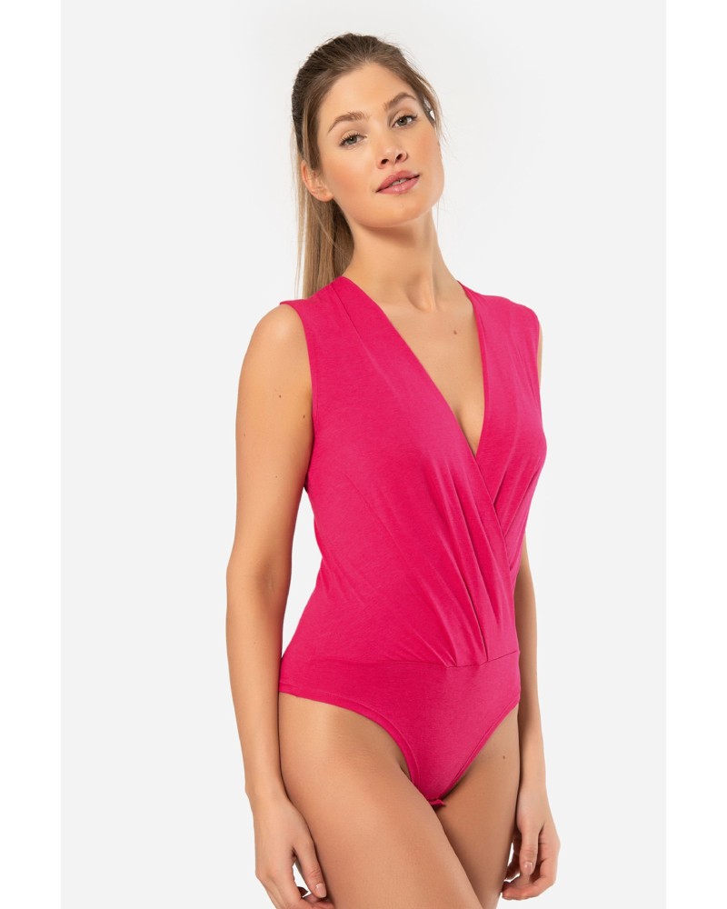 Türen Kruvaze Yaka Kolsuz Çitçitli Body 3502/Fuşya