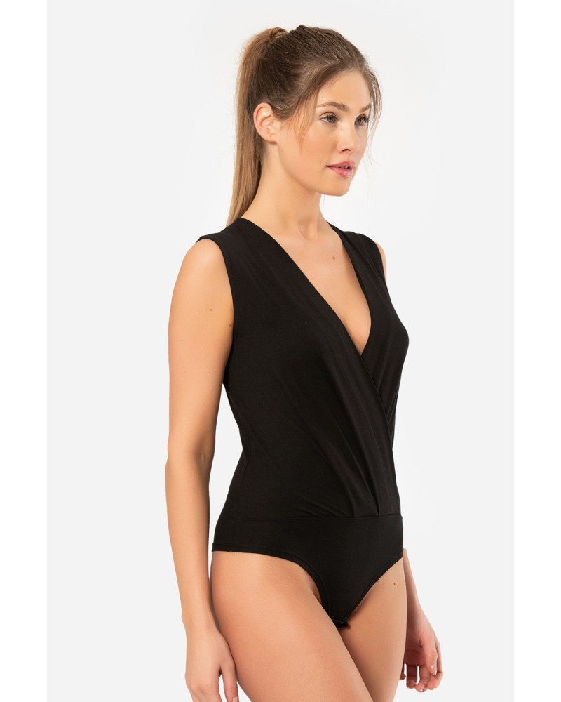 Türen Kruvaze Yaka Kolsuz Çitçitli Body 3502/Siyah Türen Kruvaze Yaka Kolsuz Çitçitli Body 3502/Siyah
