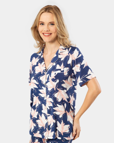 Türen Yaprak Desenli Kisa Kollu Gömlek Yaka Pijama Takimi 3355/Lacivert Türen Yaprak Desenli Kisa Kollu Gömlek Yaka Pijama Takimi 3355/Lacivert