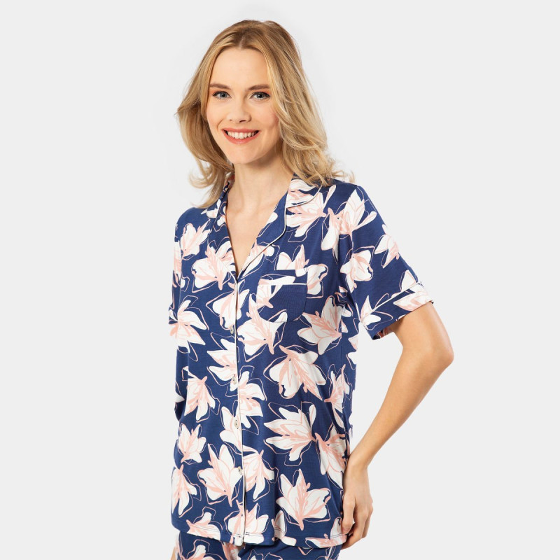 Türen Yaprak Desenli Kisa Kollu Gömlek Yaka Pijama Takimi 3355/Lacivert