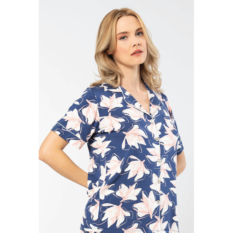 Türen Yaprak Desenli Kisa Kollu Gömlek Yaka Pijama Takimi 3355/Lacivert