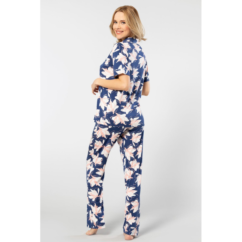 Türen Yaprak Desenli Kisa Kollu Gömlek Yaka Pijama Takimi 3355/Lacivert