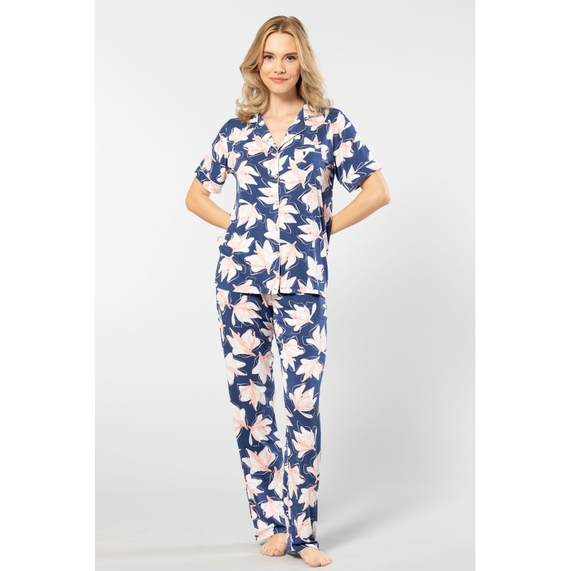Türen Yaprak Desenli Kisa Kollu Gömlek Yaka Pijama Takimi 3355/Lacivert