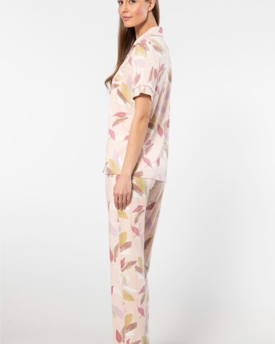 Türen Yaprak Desenli Kisa Kollu Gömlek Yaka Pijama Takimi 3355/Pudra Türen Yaprak Desenli Kisa Kollu Gömlek Yaka Pijama Takimi 3355/Pudra