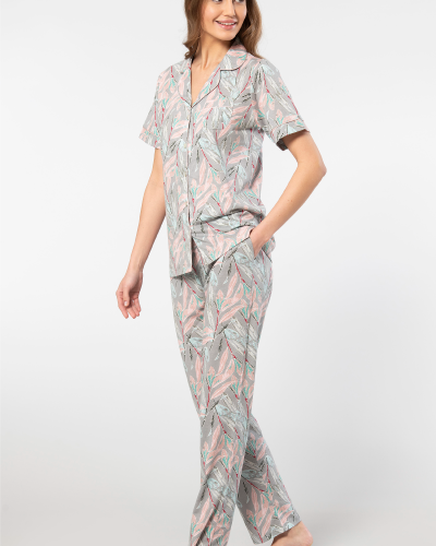 Türen Yaprak Desenli Kisa Kollu Gömlek Yaka Pijama Takimi 3395/Gri