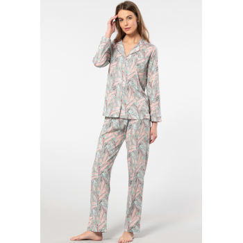 Türen Yaprak Desenli Uzun Kollu Gömlek Yaka Pijama Takımı 3394 Türen Yaprak Desenli Uzun Kollu Gömlek Yaka Pijama Takımı 3394